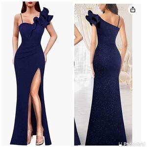 VFSHOW Ruffle One Shoulder Strap Ruched Wedding Maxi Dress V Neck Elegant Split